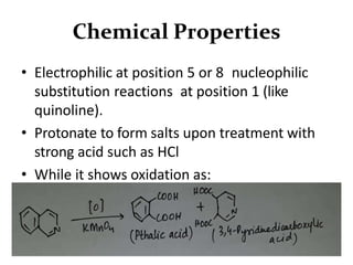 Chemical Properties
• Electrophilic at position 5 or 8 nucleophilic
substitution reactions at position 1 (like
quinoline).
• Protonate to form salts upon treatment with
strong acid such as HCl
• While it shows oxidation as:
 