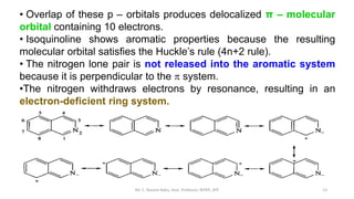 • Overlap of these p – orbitals produces delocalized π – molecular
orbital containing 10 electrons.
• Isoquinoline shows a...