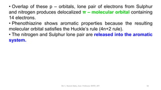 • Overlap of these p – orbitals, lone pair of electrons from Sulphur
and nitrogen produces delocalized π – molecular orbit...