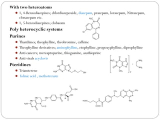 With two heteroatoms
 1, 4-Benzodiazepines; chlordiazepoxide, diazepam, prazepam, lorazepam, Nitrazepam,
clonazepam etc.
 1, 5-benzodiazepines; clobazam
Poly heterocyclic systems
Purines
 Thanthines; theophylline, theobromine, caffeine
 Theophylline derivatives; aminophylline, etophylline, propoxyphylline, diprophylline
 Anti cancers; mercaptopurine, thioguanine, azathioprine
 Anti virals acyclovir
Pteridines
 Triamterene
 folinic acid , methotrexate
 