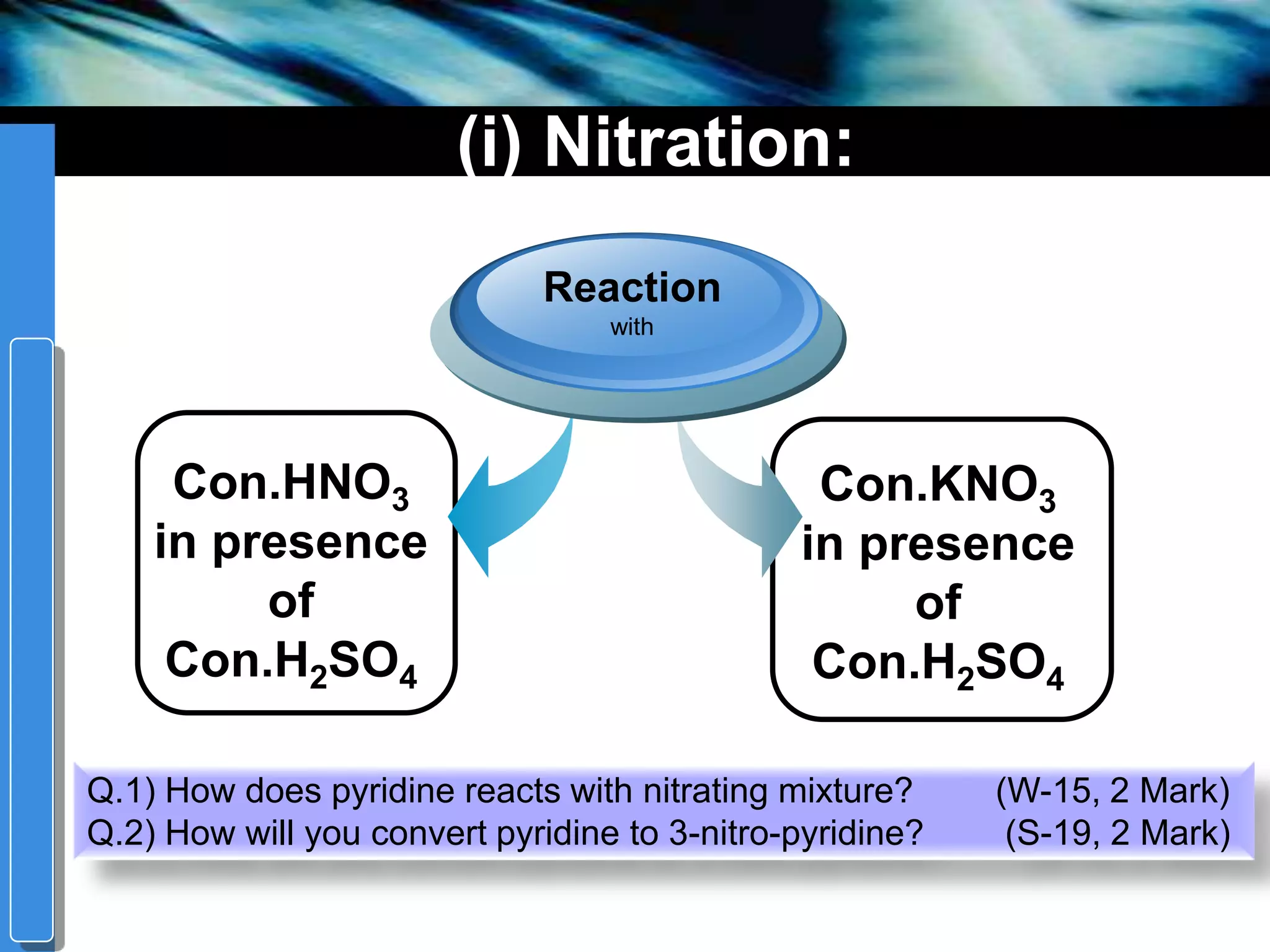 companyname
(i) Nitration:
Con.HNO3
in presence
of
Con.H2SO4
Reaction
with
Con.KNO3
in presence
of
Con.H2SO4
Q.1) How does pyridine reacts with nitrating mixture? (W-15, 2 Mark)
Q.2) How will you convert pyridine to 3-nitro-pyridine? (S-19, 2 Mark)
 