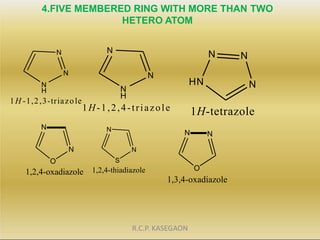 4.FIVE MEMBERED RING WITH MORE THAN TWO
HETERO ATOM
N
N
N
H
1H -1,2,3-triazole
N
N
N
H
1H-1,2,4-triazole
N
N
N
HN
1H-tetra...