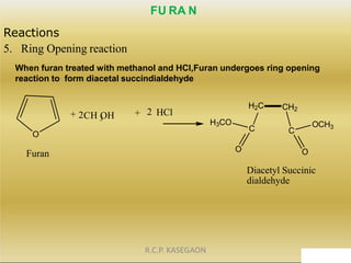 FU RA N
Reactions
5. Ring Opening reaction
When furan treated with methanol and HCl,Furan undergoes ring opening
reaction ...