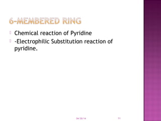  Chemical reaction of Pyridine
 -Electrophilic Substitution reaction of
pyridine.
04/30/14 11
 