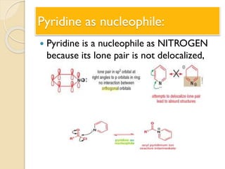 Pyridine as nucleophile:
 Pyridine is a nucleophile as NITROGEN
because its lone pair is not delocalized,
 