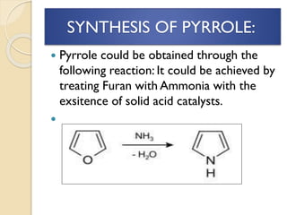 SYNTHESIS OF PYRROLE:
 Pyrrole could be obtained through the
following reaction: It could be achieved by
treating Furan with Ammonia with the
exsitence of solid acid catalysts.

 