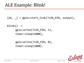 ALE Example: Interrupts
{ok, _} = gpio:start_link(?IN_PIN, input),
ok = gpio:set_int(?IN_PIN, rising),
handle_info({gpio_i...