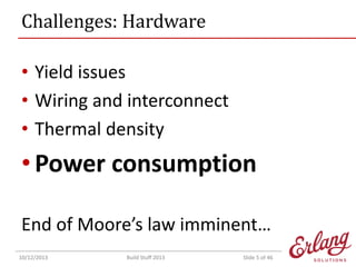 Challenges: Hardware

• Yield issues
• Wiring and interconnect
• Thermal density

• Power consumption
End of Moore’s law i...