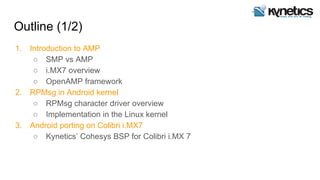 Outline (1/2)
1. Introduction to AMP
○ SMP vs AMP
○ i.MX7 overview
○ OpenAMP framework
2. RPMsg in Android kernel
○ RPMsg character driver overview
○ Implementation in the Linux kernel
3. Android porting on Colibri i.MX7
○ Kynetics’ Cohesys BSP for Colibri i.MX 7
 