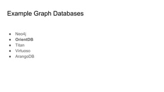 Example Graph Databases
● Neo4j
● OrientDB
● Titan
● Virtuoso
● ArangoDB
 