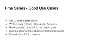 Time Series - Good Use Cases
● Uh … Time Series Data
● Write-mostly (95%+) - Sequential Appends
● Rare updates, rarer still to the distant past
● Deletes occur at the opposite end (the beginning)
● Data does not fit in memory
 