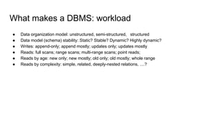 ● Data organization model: unstructured, semi-structured, structured
● Data model (schema) stability: Static? Stable? Dynamic? Highly dynamic?
● Writes: append-only; append mostly; updates only; updates mostly
● Reads: full scans; range scans; multi-range scans; point reads;
● Reads by age: new only; new mostly; old only; old mostly; whole range
● Reads by complexity: simple, related, deeply-nested relations, ....?
What makes a DBMS: workload
 