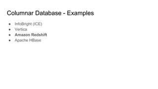 Columnar Database - Examples
● InfoBright (ICE)
● Vertica
● Amazon Redshift
● Apache HBase
 