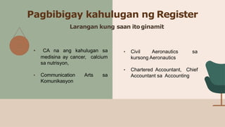 Pagbibigay kahulugan ng Register
• CA na ang kahulugan sa
medisina ay cancer, calcium
sa nutrisyon,
• Communication Arts s...