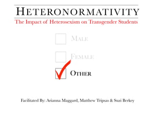 HETERONORMATIVITY
The Impact of Heterosexism on Transgender Students 
Facilitated By: Arianna Maggard, Matthew Tripsas  Suzi Berkey 
Other
Female
Male
 