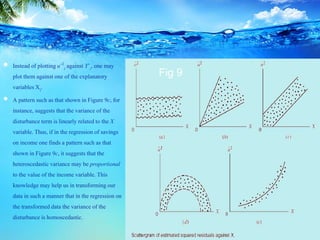  Instead of plottinguˆ2
i against Yˆi, one may
plot them against one of the explanatory
variables Xi.
 A pattern such as that shown in Figure 9c, for
instance, suggests that the variance of the
disturbanceterm is linearly related to the X
variable.Thus, if in the regressionof savings
on income one finds a pattern such as that
shown in Figure 9c, it suggests that the
heteroscedasticvariance may be proportional
to the value of the income variable.This
knowledge may help us in transformingour
data in such a manner that in the regressionon
the transformeddata the variance of the
disturbanceis homoscedastic.
Fig 9
 