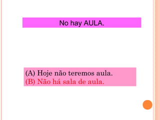 No hay AULA.

(A) Hoje não teremos aula.
(B) Não há sala de aula.

 