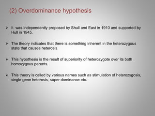 (2) Overdominance hypothesis
 It was independently proposed by Shull and East in 1910 and supported by
Hull in 1945.
 The theory indicates that there is something inherent in the heterozygous
state that causes heterosis.
 This hypothesis is the result of superiority of heterozygote over its both
homozygous parents.
 This theory is called by various names such as stimulation of heterozygosis,
single gene heterosis, super dominance etc.
 