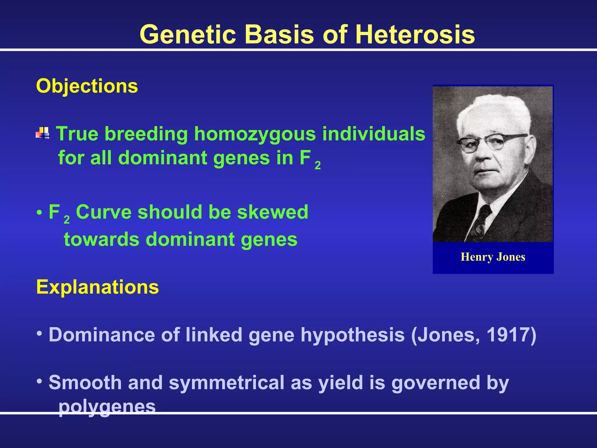 Objections True breeding homozygous individuals for all dominant genes in F  2 F  2  Curve should be skewed  towards dominant genes Explanations Dominance of linked gene hypothesis (Jones, 1917) Smooth and symmetrical as yield is governed by  polygenes Genetic Basis of Heterosis 