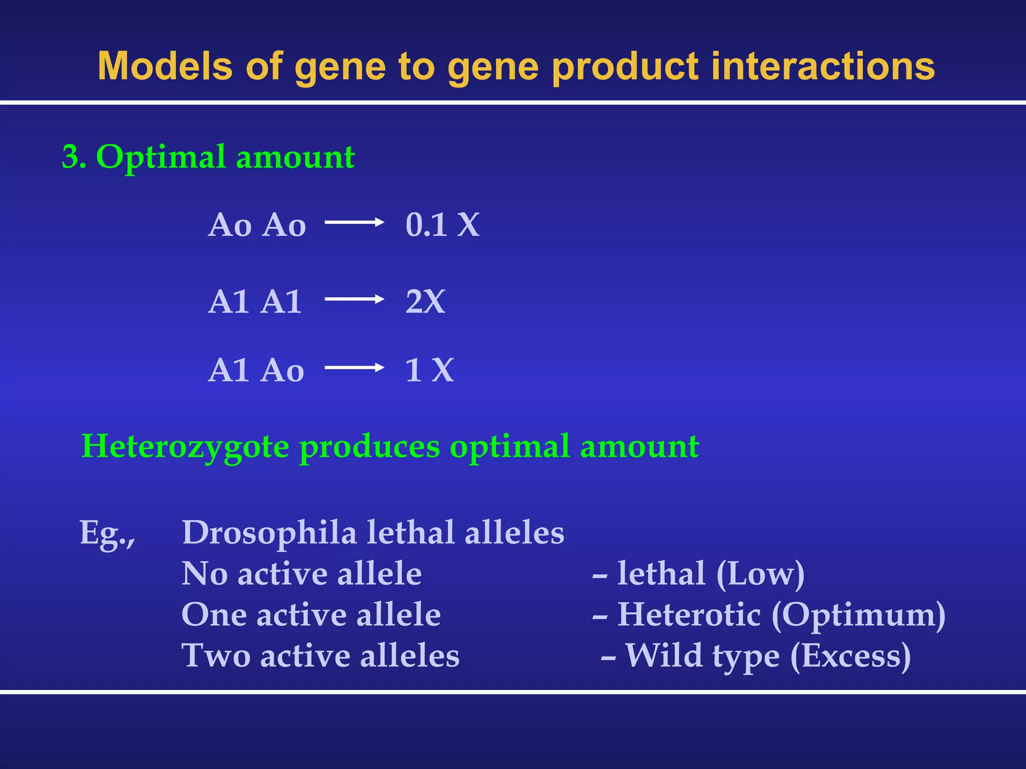 Ao Ao  0.1 X  A1 A1  2X A1 Ao  1 X Heterozygote produces optimal amount 3. Optimal amount Models of gene to gene product interactions Eg., Drosophila lethal alleles No active allele  – lethal (Low) One active allele  – Heterotic (Optimum) Two active alleles  – Wild type (Excess) 