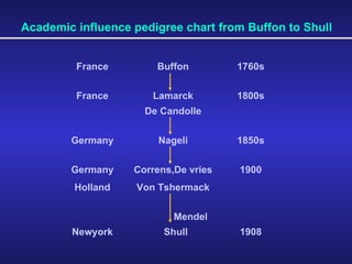 Academic influence pedigree chart from Buffon to Shull France Buffon 1760s France Lamarck 1800s De Candolle Germany Nageli 1850s Germany Correns,De vries 1900 Holland Von Tshermack Mendel Newyork Shull 1908 