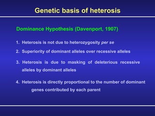 Genetic basis of heterosis 1.  Heterosis is not due to heterozygosity  per se   Dominance Hypothesis (Davenport, 1907) 2.  Superiority of dominant alleles over recessive alleles   3. Heterosis is due to masking of deleterious recessive alleles by dominant alleles 4.  Heterosis is directly proportional to the number of dominant  genes contributed by each parent 
