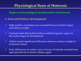 Physiological Basis of Heterosis Stages of physiological manifestation of heterosis 1. Seed and Embryo development High positive correlation was recorded between hybrid vigour and embryo weight Copland noted that hybrid embryo exhibited greater vigour in the earlier stages of development Ashbey found significant differences between embryo weight of  reciprocal crosses Early differences in embryo size in favour of hybrids resulted from  rapid growth rate of multi cellular zygote 