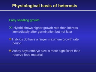 Physiological basis of heterosis  Early seedling growth Hybrid shows higher growth rate than inbreds  immediately after germination but not later Hybrids do have a larger maximum growth rate  period Ashby says embryo size is more significant than  reserve food material 