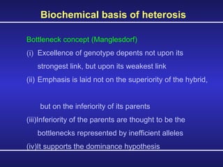 Biochemical basis of heterosis  Bottleneck concept (Manglesdorf) (i) Excellence of genotype depents not upon its  strongest link, but upon its weakest link (ii) Emphasis is laid not on the superiority of the hybrid,  but on the inferiority of its parents (iii)Inferiority of the parents are thought to be the  bottlenecks represented by inefficient alleles (iv)It supports the dominance hypothesis 
