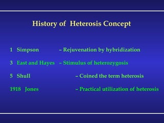 History of  Heterosis Concept Simpson – Rejuvenation by hybridization  East and Hayes – Stimulus of heterozygosis Shull – Coined the term heterosis 1918  Jones – Practical utilization of heterosis 