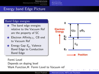 Heterostructures
Heterojunction Bipolar Transistor
Thyristors
Introduction
Homojunction
Heterojunction
Isolated N type and p type
In ideal abrupt heterojunction using nondegenerately doped SCs,
the vacuum level is to CBs and VBs.
If vacuum level is continuous , then same ∆Ec and ∆Ev
discontinuities will exist at heterojunction interface Electron
Aﬃnity Rule
Shuvan Prashant Heterostructures, HBTs and Thyristors
 