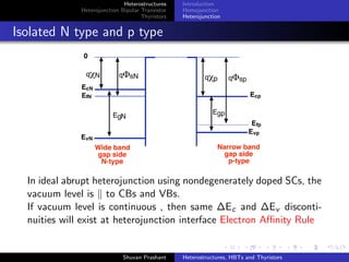 Heterostructures
Heterojunction Bipolar Transistor
Thyristors
Introduction
Homojunction
Heterojunction
2D electron gas
Electrons from wide gap
AlGaAs ﬂow into GaAs
Form an accumulation layer
of electrons in Potential well
2d Electron Gas – electrons
have quantized energy levels
in one spatial direction
but are free in other two So
What?
Electron Mobility increases
in the low impurity doping
region (abrupt
heterojunction)
Shuvan Prashant Heterostructures, HBTs and Thyristors
 
