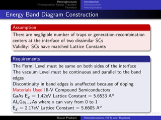 Heterostructures
Heterojunction Bipolar Transistor
Thyristors
Introduction
Homojunction
Heterojunction
Diﬀerent Possibilities
Band Engineering
The three possibilities are
Straddling
Staggered
Broken Gap
Types of Junction
Where dopant changes at
junction– Anisotype
e.g nP, Pn
Where dopant doesn’t change –
Isotype
e.g nN, pP
Shuvan Prashant Heterostructures, HBTs and Thyristors
 