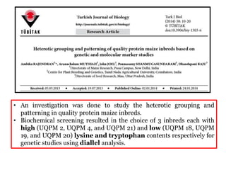 • An investigation was done to study the heterotic grouping and
patterning in quality protein maize inbreds.
• Biochemical screening resulted in the choice of 3 inbreds each with
high (UQPM 2, UQPM 4, and UQPM 21) and low (UQPM 18, UQPM
19, and UQPM 20) lysine and tryptophan contents respectively for
genetic studies using diallel analysis.
 