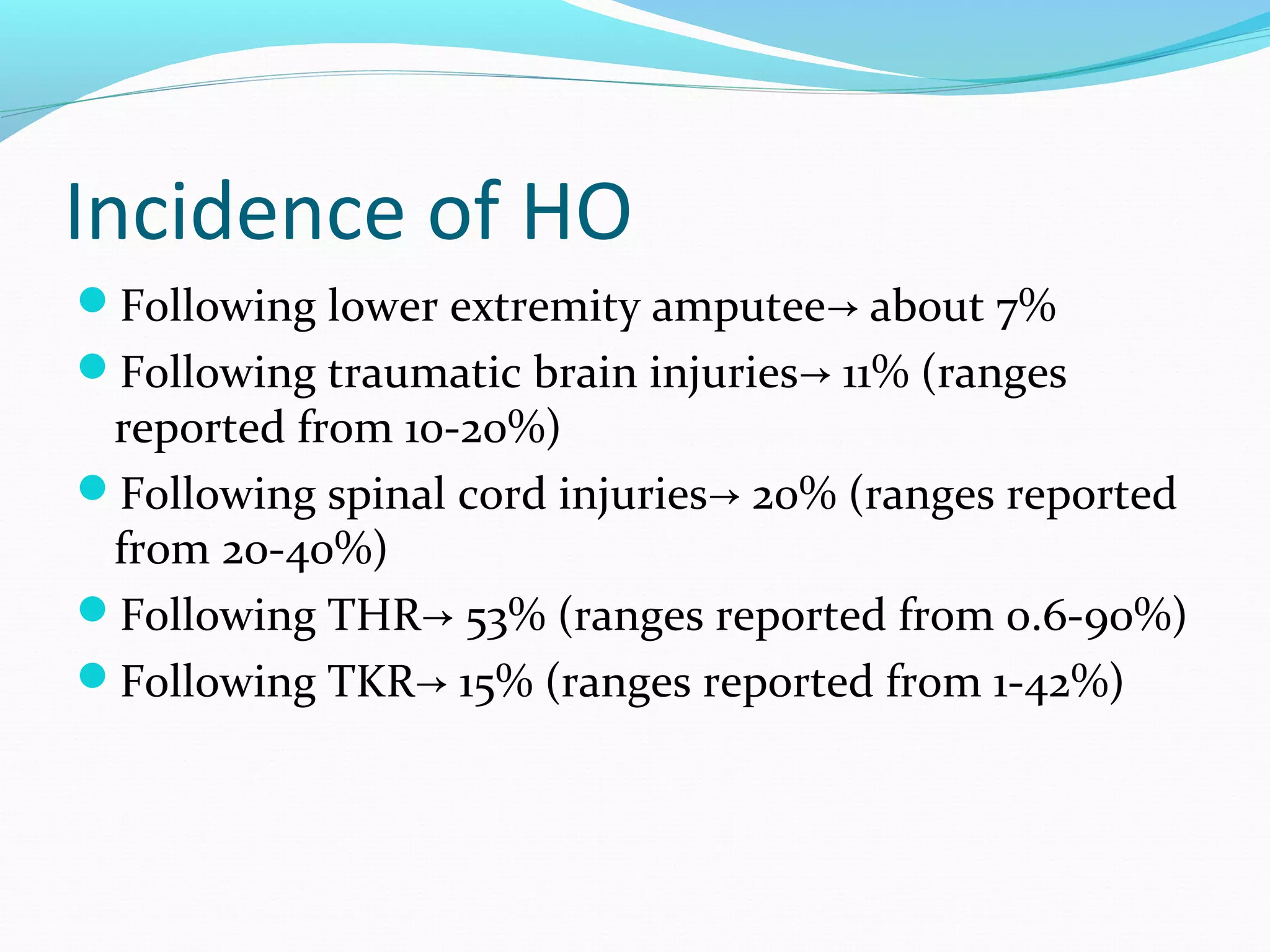 Incidence of HO
Following lower extremity amputee about 7%→
Following traumatic brain injuries 11% (ranges→
reported from 10-20%)
Following spinal cord injuries 20% (ranges reported→
from 20-40%)
Following THR 53% (ranges reported from 0.6-90%)→
Following TKR 15% (ranges reported from 1-42%)→
 