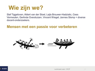 Wie zijn we?
Stef Tiggeloven, Aldert van der Stoel, Lejla Brouwer-Hadzialic, Cees
Vermeulen, Gerlinde Oversluizen, Vincent Wiegel, Jannes Slomp + diverse
docent-onderzoekers.

Mensen met een passie voor verbeteren

Lectoraat Lean / WCP

2

 