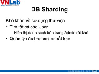 DB Sharding
Khó khăn về sử dụng thư viện
• Tìm tất cả các User
– Hiển thị danh sách trên trang Admin rất khó
• Quản lý các transaction rất khó
18
 