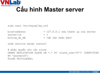 Cấu hình Master server
33
sudo nano /etc/mysql/my.cnf
bind-address = 127.0.0.1 sửa thành ip của server
server-id = 1
binlog_do_db = <db càn nhân bản>
sudo service mysql restart
# phân quyền cho các slave
GRANT REPLICATION SLAVE ON *.* TO 'slave_user'@'%' IDENTIFIED
BY 'password';
FLUSH PRIVILEGES;
 
