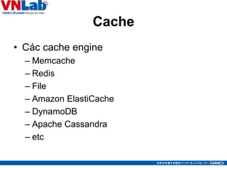 Cache
• Các cache engine
– Memcache
– Redis
– File
– Amazon ElastiCache
– DynamoDB
– Apache Cassandra
– etc
39
 