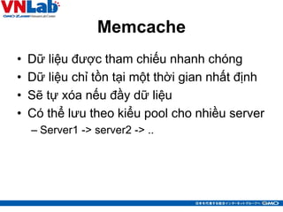 Memcache
• Dữ liệu được tham chiếu nhanh chóng
• Dữ liệu chỉ tồn tại một thời gian nhất định
• Sẽ tự xóa nếu đầy dữ liệu
• Có thể lưu theo kiểu pool cho nhiều server
– Server1 -> server2 -> ..
40
 