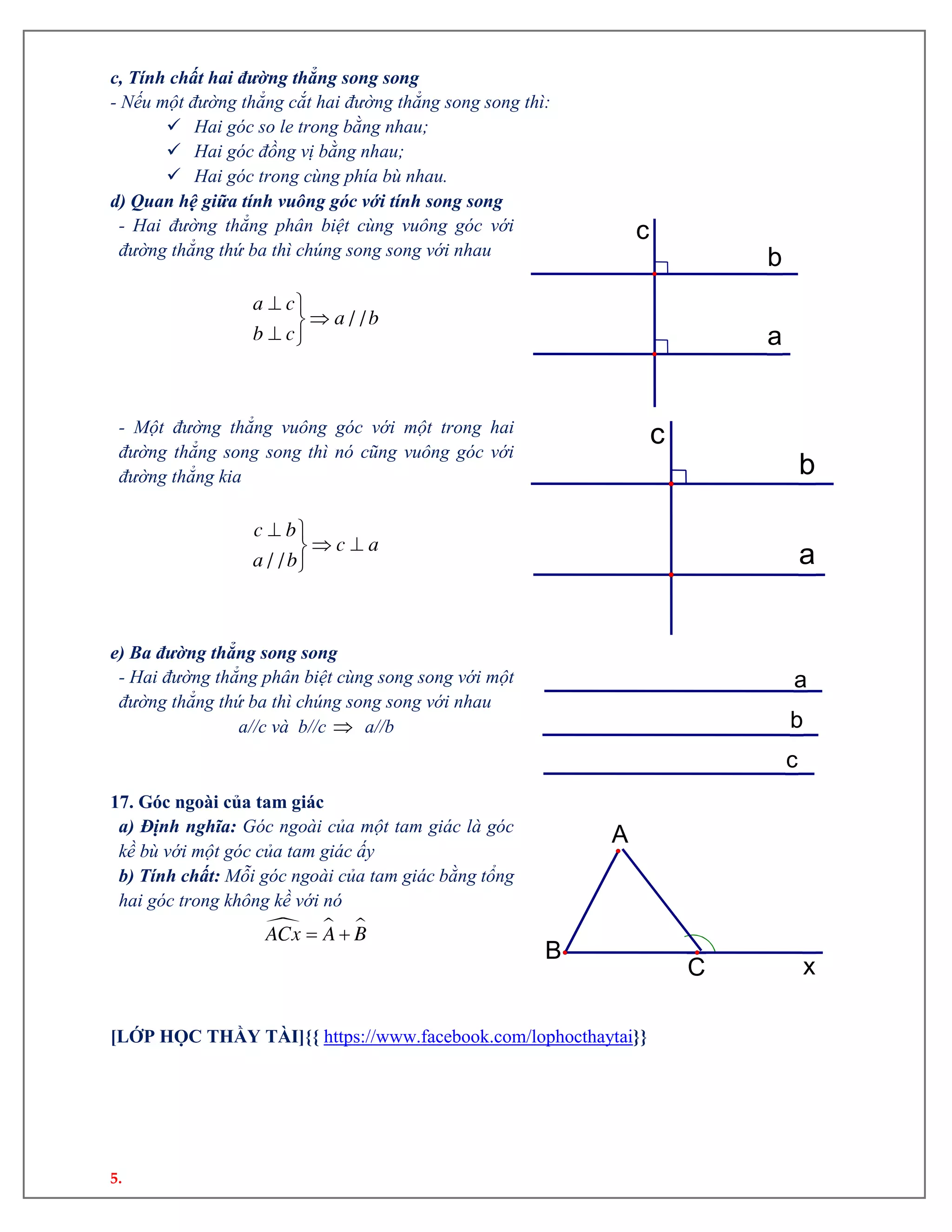 5.
c, Tính chất hai đường thẳng song song
- Nếu một đường thẳng cắt hai đường thẳng song song thì:
 Hai góc so le trong bằng nhau;
 Hai góc đồng vị bằng nhau;
 Hai góc trong cùng phía bù nhau.
d) Quan hệ giữa tính vuông góc với tính song song
- Hai đường thẳng phân biệt cùng vuông góc với
đường thẳng thứ ba thì chúng song song với nhau
 

 
/ /
a c
a b
b c
- Một đường thẳng vuông góc với một trong hai
đường thẳng song song thì nó cũng vuông góc với
đường thẳng kia
 
 
/ /
c b
c a
a b
e) Ba đường thẳng song song
- Hai đường thẳng phân biệt cùng song song với một
đường thẳng thứ ba thì chúng song song với nhau
a//c và b//c  a//b
17. Góc ngoài của tam giác
a) Định nghĩa: Góc ngoài của một tam giác là góc
kề bù với một góc của tam giác ấy
b) Tính chất: Mỗi góc ngoài của tam giác bằng tổng
hai góc trong không kề với nó
   ACx A B
[LỚP HỌC THẦY TÀI]{{ https://www.facebook.com/lophocthaytai}}
c
b
a
c
b
a
c
b
a
xC
B
A
 