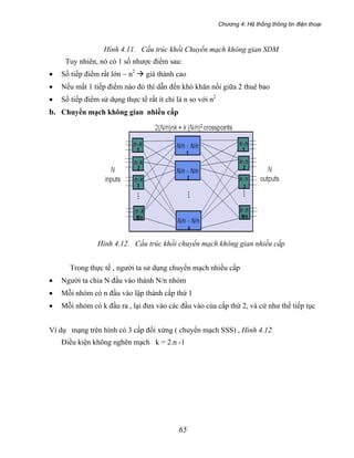 Chương 4: Hệ thống thông tin điện thoại
65
Hình 4.11. Cấu trúc khối Chuyển mạch không gian SDM
Tuy nhiên, nó có 1 số nhược điểm sau:
• Số tiếp điểm rất lớn ~ n2
giá thành cao
• Nếu mất 1 tiếp điểm nào đó thì dẫn đến khó khăn nối giữa 2 thuê bao
• Số tiếp điểm sử dụng thực tế rất ít chỉ là n so với n2
b. Chuyển mạch không gian nhiều cấp
Hình 4.12. Cấu trúc khối chuyển mạch không gian nhiều cấp
Trong thực tế , người ta sử dụng chuyển mạch nhiều cấp
• Người ta chia N đầu vào thành N/n nhóm
• Mỗi nhóm có n đầu vào lập thành cấp thứ 1
• Mỗi nhóm có k đầu ra , lại đưa vào các đầu vào của cấp thứ 2, và cứ như thế tiếp tục
Ví dụ mạng trên hình có 3 cấp đối xứng ( chuyển mạch SSS) , Hình 4.12.
Điều kiện không nghẽn mạch k = 2.n -1
 