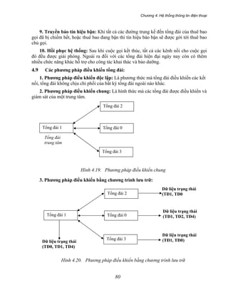 Chương 4: Hệ thống thông tin điện thoại
80
9. Truyền báo tín hiệu bận: Khi tất cả các đường trung kế đến tổng đài của thuê bao
gọi đã bị chiếm hết, hoặc thuê bao đang bận thì tín hiệu báo bận sẽ được gởi tới thuê bao
chủ gọi.
10. Hồi phục hệ thống: Sau khi cuộc gọi kết thúc, tất cả các kênh nối cho cuộc gọi
đó đều được giải phóng. Ngoài ra đối với các tổng đài hiện đại ngày nay còn có thêm
nhiều chức năng khác hỗ trợ cho công tác khai thác và bảo dưỡng.
4.9 Các phương pháp điều khiển tổng đài:
1. Phương pháp điều khiển độc lập: Là phương thức mà tổng đài điều khiến các kết
nối, tổng đài không chịu chi phối của bất kỳ tổng đài ngoài nào khác.
2. Phương pháp điều khiển chung: Là hình thức mà các tổng đài được điều khiển và
giám sát của một trung tâm.
Tổng đài 2
Tổng đài 1 Tổng đài 0
Tổng đài 3
Tổng đài
trung tâm
Hình 4.19. Phương pháp điều khiển chung
3. Phương pháp điều khiển bằng chương trình lưu trữ:
Tổng đài 2
Tổng đài 1 Tổng đài 0
Tổng đài 3
Dữ liệu trạng thái
(TĐ1, TĐ2, TĐ4)
Dữ liệu trạng thái
(TĐ1, TĐ0
Dữ liệu trạng thái
(TĐ1, TĐ0)Dữ liệu trạng thái
(TĐ0, TĐ1, TĐ4)
Hình 4.20. Phương pháp điều khiển bằng chương trình lưu trữ
 