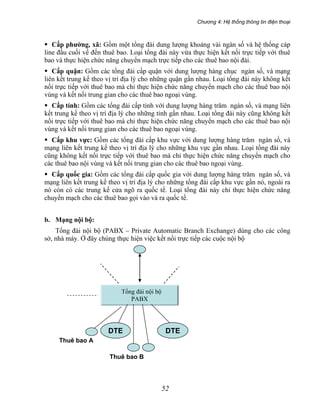 Chương 4: Hệ thống thông tin điện thoại
52
Cấp phường, xã: Gồm một tổng đài dung lượng khoảng vài ngàn số và hệ thống cáp
line đầu cuối về đến thuê bao. Loại tổng đài này vừa thực hiện kết nối trực tiếp với thuê
bao và thực hiện chức năng chuyển mạch trực tiếp cho các thuê bao nội đài.
Cấp quận: Gồm các tổng đài cấp quận với dung lượng hàng chục ngàn số, và mạng
liên kết trung kế theo vị trí địa lý cho những quận gần nhau. Loại tổng đài này không kết
nối trực tiếp với thuê bao mà chỉ thực hiện chức năng chuyển mạch cho các thuê bao nội
vùng và kết nối trung gian cho các thuê bao ngoại vùng.
Cấp tỉnh: Gồm các tổng đài cấp tỉnh với dung lượng hàng trăm ngàn số, và mạng liên
kết trung kế theo vị trí địa lý cho những tỉnh gần nhau. Loại tổng đài này cũng không kết
nối trực tiếp với thuê bao mà chỉ thực hiện chức năng chuyển mạch cho các thuê bao nội
vùng và kết nối trung gian cho các thuê bao ngoại vùng.
Cấp khu vực: Gồm các tổng đài cấp khu vực với dung lượng hàng trăm ngàn số, và
mạng liên kết trung kế theo vị trí địa lý cho những khu vực gần nhau. Loại tổng đài này
cũng không kết nối trực tiếp với thuê bao mà chỉ thực hiện chức năng chuyển mạch cho
các thuê bao nội vùng và kết nối trung gian cho các thuê bao ngoại vùng.
Cấp quốc gia: Gồm các tổng đài cấp quốc gia với dung lượng hàng trăm ngàn số, và
mạng liên kết trung kế theo vị trí địa lý cho những tổng đài cấp khu vực gần nó, ngoài ra
nó còn có các trung kế cửa ngõ ra quốc tế. Loại tổng đài này chỉ thực hiện chức năng
chuyển mạch cho các thuê bao gọi vào và ra quốc tế.
b. Mạng nội bộ:
Tổng đài nội bộ (PABX – Private Automatic Branch Exchange) dùng cho các công
sở, nhà máy. Ở đây chúng thực hiện việc kết nối trực tiếp các cuộc nội bộ
Tổng đài nội bộ
PABX
DTE DTE
Thuê bao A
Thuê bao B
 