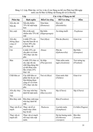 55
Bảng 1-2. Lớp, Phân lớp, và Các ví dụ về các Dạng ưu thế của Phân loại Đất ngập
nước của Sở Bảo vệ Động vật Hoang dã và Cá Hoa Kỳ
Lớp Các ví dụ về Dạng ưu thế
Phân lớp Định nghĩa Biển/Cửa sông Hồ/Ven sông Đầm
Nền đáy đá
Nền đá
Nền đá chiếm
75% bề mặt hoặc
hơn
Tôm hùm
(Homarus)
Đỉa suối
(Helobdella)
-
Sỏi, cuội Đá và đá cuội
chiếm trên 75% bề
mặt
Bọt biển
(Hippospongia)
Ấu trùng muỗi Psephenus
Nền đáy
không được
củng cố
Sỏi
ít nhất 25% các
hạt nhỏ hơn đá và
ít hơn 30% che
phủ thực vật
Trai (Mya) Phù du (Baetis) Giun ít tơ
Cát ít nhất 25% cát
che phủ và ít hơn
30% thực vật che
phủ
Donax Phù du
(Ephemerella)
Bọt biển
(Eunapius)
Bùn ít nhất 25% bùn và
sét, mặc dù các
chất lắng đọng thô
có thể được trộn
lẫn; ít hơn 25%
thực vật
Sò điệp
(Placopecten)
Thân mềm nước
ngọt (Anodonta)
Trai móng tay
(Pisidium)
Chất hữu cơ Các chất hữu cơ
phần lớn là các vật
liệu không được
củng cố và ít hơn
25% thực vật che
phủ
Trai sò (Mya) Giun nước thải
(Tubifex)
Giun ít tơ
Nền đáy thủy
sinh
Tảo
Tảo mọc trên hay
dưới bề mặt nước
Tảo bẹ
(Macrocystis)
Sậy (Chara) Sậy (Chara)
Rêu thủy sinh Rêu thủy sinh mọc
trên hay dưới bề
mặt
- Rêu (Fissidens) -
Thực vật rễ có
mạch
Thực vật rễ có
mạch mọc chìm
hay lá nổi
Thalassia Loa kèn nước
(Nymphaea)
Cỏ biển (Puppia)
Thực vật có
mạch nổi
Thực vật có mạch
nổi mọc trên mặt
nước
- Dạ lan hương nước
(Eichhornia
crassipes)
Bèo tấm
(Lemna)
 