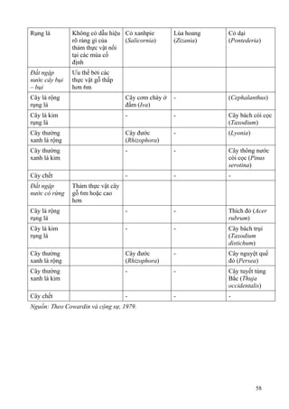 58
Rụng lá Không có dẫu hiệu
rõ ràng gì của
thảm thực vật nổi
tại các mùa cố
định
Cỏ xanhpie
(Salicornia)
Lúa hoang
(Zizania)
Cỏ dại
(Pontederia)
Đất ngập
nước cây bụi
– bụi
Ưu thế bởi các
thực vật gỗ thấp
hơn 6m
Cây lá rộng
rụng lá
Cây cơm cháy ở
đầm (Iva)
- (Cephalanthus)
Cây lá kim
rụng lá
- - Cây bách còi cọc
(Taxodium)
Cây thường
xanh lá rộng
Cây đước
(Rhizophora)
- (Lyonia)
Cây thường
xanh lá kim
- - Cây thông nước
còi cọc (Pinus
serotina)
Cây chết - - -
Đất ngập
nước có rừng
Thảm thực vật cây
gỗ 6m hoặc cao
hơn
Cây lá rộng
rụng lá
- - Thích đỏ (Acer
rubrum)
Cây lá kim
rụng lá
- - Cây bách trụi
(Taxodium
distichum)
Cây thường
xanh lá rộng
Cây đước
(Rhizophora)
- Cây nguyệt quế
đỏ (Persea)
Cây thường
xanh lá kim
- - Cây tuyết tùng
Bắc (Thuja
occidentalis)
Cây chết - - -
Nguồn: Theo Cowardin và cộng sự, 1979.
 