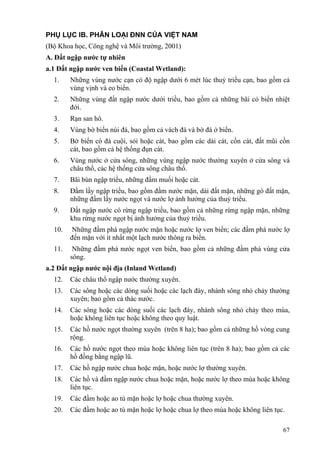 67
PHỤ LỤC IB. PHÂN LOẠI ĐNN CỦA VIỆT NAM
(Bộ Khoa học, Công nghệ và Môi trường, 2001)
A. Đất ngập nước tự nhiên
a.1 Đất ngập nước ven biển (Coastal Wetland):
1. Những vùng nước cạn có độ ngập dưới 6 mét lúc thuỷ triều cạn, bao gồm cả
vùng vịnh và eo biển.
2. Những vùng đất ngập nước dưới triều, bao gồm cả những bãi cỏ biển nhiệt
đới.
3. Rạn san hô.
4. Vùng bờ biển núi đá, bao gồm cả vách đá và bờ đá ở biển.
5. Bờ biển có đá cuội, sỏi hoặc cát, bao gồm các dải cát, cồn cát, đất mũi cồn
cát, bao gồm cả hệ thống đụn cát.
6. Vùng nước ở cửa sông, những vùng ngập nước thường xuyên ở cửa sông và
châu thổ, các hệ thống cửa sông châu thổ.
7. Bãi bùn ngập triều, những đầm muối hoặc cát.
8. Đầm lầy ngập triều, bao gồm đầm nước mặn, dải đất mặn, những gò đất mặn,
những đầm lầy nước ngọt và nước lợ ảnh hưởng của thuỷ triều.
9. Đất ngập nước có rừng ngập triều, bao gồm cả những rừng ngập mặn, những
khu rừng nước ngọt bị ảnh hưởng của thuỷ triều.
10. Những đầm phá ngập nước mặn hoặc nước lợ ven biển; các đầm phá nước lợ
đến mặn với ít nhất một lạch nước thông ra biển.
11. Những đầm phá nước ngọt ven biển, bao gồm cả những đầm phá vùng cửa
sông.
a.2 Đất ngập nước nội địa (Inland Wetland)
12. Các châu thổ ngập nước thường xuyên.
13. Các sông hoặc các dòng suối hoặc các lạch đày, nhánh sông nhỏ chảy thường
xuyên; bao gồm cả thác nước.
14. Các sông hoặc các dòng suối các lạch đày, nhánh sông nhỏ chảy theo mùa,
hoặc không liên tục hoặc không theo quy luật.
15. Các hồ nước ngọt thường xuyên (trên 8 ha); bao gồm cả những hồ vòng cung
rộng.
16. Các hồ nước ngọt theo mùa hoặc không liên tục (trên 8 ha); bao gồm cả các
hồ đồng bằng ngập lũ.
17. Các hồ ngập nước chua hoặc mặn, hoặc nước lợ thường xuyên.
18. Các hồ và đầm ngập nước chua hoặc mặn, hoặc nước lợ theo mùa hoặc không
liên tục.
19. Các đầm hoặc ao tù mặn hoặc lợ hoặc chua thường xuyên.
20. Các đầm hoặc ao tù mặn hoặc lợ hoặc chua lợ theo mùa hoặc không liên tục.
 