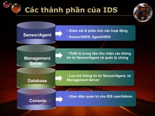 Các thành phần của IDS
Sensor/Agent
• Giám sát & phân tích các hoạt động
• Sensor/NIDS; Agent/HIDS
Management
Server
Database
• Thiết bị trung tâm thu nhận các thông
tin từ Sensor/Agent và quản lý chúng
• Lưu trữ thông tin từ Sensor/Agent, từ
Management Server
Console
• Giao diện quản trị cho IDS user/Admin
 