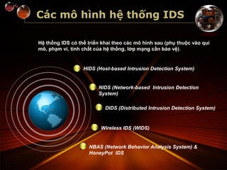 Các mô hình hệ thống IDS
HIDS (Host-based Intrusion Detection System)
NIDS (Network-based Intrusion Detection
System)
DIDS (Distributed Intrusion Detection System)
Wireless IDS (WIDS)
NBAS (Network Behavior Analysis System) &
HoneyPot IDS
Hệ thống IDS có thể triển khai theo các mô hình sau (phụ thuộc vào qui
mô, phạm vi, tính chất của hệ thống, lớp mạng cần bảo vệ).
 