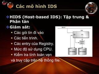 Các mô hình IDS
HIDS (Host-based IDS): Tập trung &
Phân tán
Giám sát:
 Các gói tin đi vào
 Các tiến trình.
 Các entry của Registry.
 Mức độ sử dụng CPU.
 Kiểm tra tính toàn vẹn
và truy cập trên hệ thống file.
 